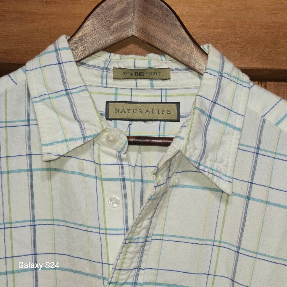 Naturalife The Big Shirt Mens Long Sleeve Windowpane Plaid Button‎ Down Cream XL